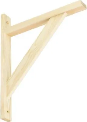 A wooden shelf bracket against a white background.