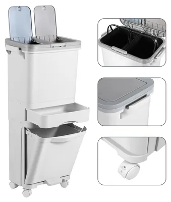 Obrázok produktu pre Kôš na kuchynský odpad – Vedro s pedálom – Na triedenie odpadu – 3 priehradky s vekom – 42 litrov – Biely
