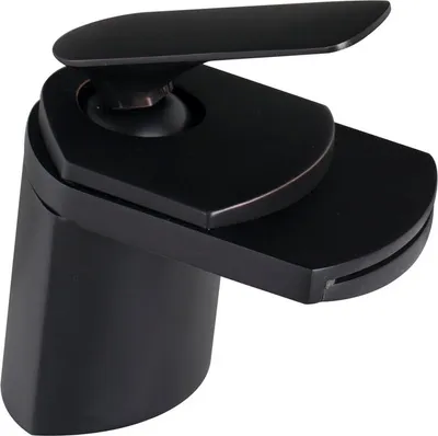 A black waterfall-style bathroom faucet is shown against a white background.