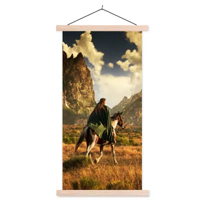 Produktbild von MuchoWow® Textilposter Pferd - Reiter - Natur 60x120 cm mit holzfarbenen Rahmen - Holz