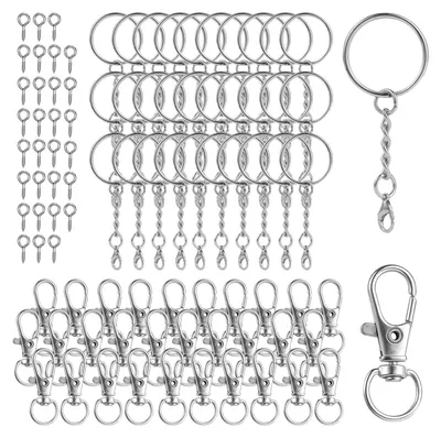Produktbild von Schlüsselring mit Kette und Karabinerverschluss - 90-teiliges Set für DIY Schmuckherstellung - 30 Schlüsselringe mit Kette, 30 Schraubösen und 30 Karabiner - Silber