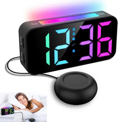 Produktbild von RGB-Vibrationswecker fürs Schlafzimmer, 100 dB laut, zwei Weckzeiten, dimmbar, Schlummerfunktion, für Tiefschlaf, für Gehörlose geeignet