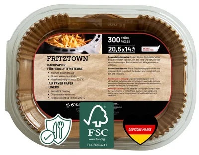 Produktbild von FRITZTOWN® Air Fryer Papier – 300 Stück, 20,5x14 cm Rechteckig | Antihaft Backpapier für Heißluftfritteusen | Kompatibel mit Ninja COSORI Philips Cecotec Midea Russell Hobbs XL XXL Airfryer