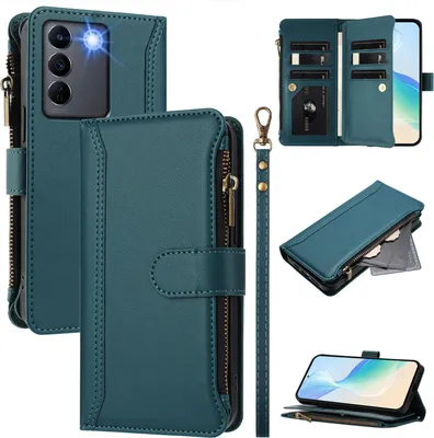 Image de Etui pour Vivo V27E/S16E, zippé, étui portefeuille en cuirPolyuréthaneavec pochettes pour cartes, support et dragonne, vert