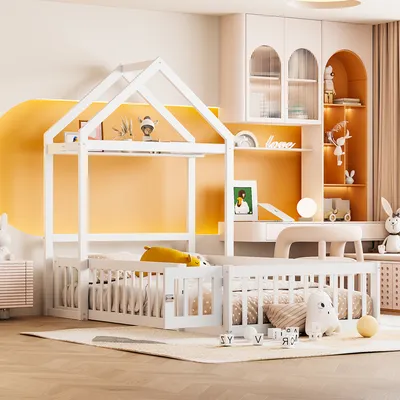 Produktbild von MODFU Kinderbett Hausbett 90 x 200cm, Massivholzbett mit Vollschutzgitter und Türen und Lattenrost, Jugendbett bettgestell, Weiß