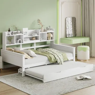 Produktbild von Ausziehbares Schlafsofa 90x200cm aus Kiefernholz, ausziehbett 90x190cm mit Lattenrost, Staufach und Ablagefächern, weißes Holzbett für Gästezimmer