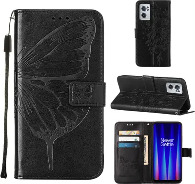 Produktbild von OnePlus Nord CE 2 5G Hülle, Schmetterling Prägung Flip Leder Kartenfächer Schutzhülle Ledertasche mit Ständer für OnePlus Nord CE 2 5G Schwarz