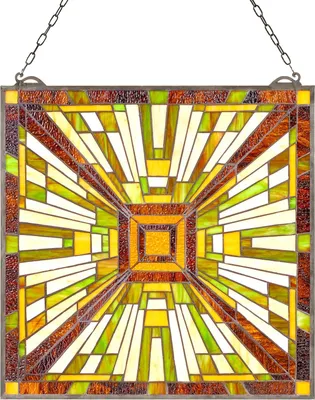 Produktbild von Buntglasfensterpaneel - Hängendes Fensterbild mit Kette - Maße 50,1 x 52,7 cm - Tiffany-Stil - Rechteckig - Vintage Design