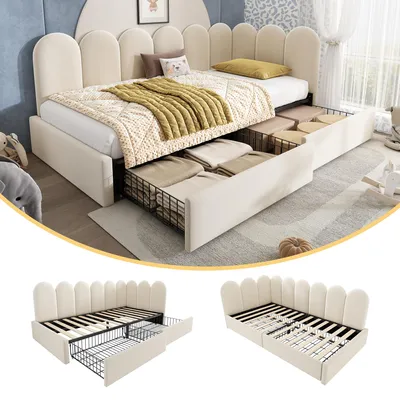 Image de Lit simple avec tiroirs, lit coffre, canapé-lit en velours, canapé convertible 90x200 cm avec sommier à lattes, lit pour adolescents et adultes, lit pour enfants