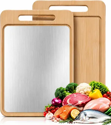 Produktbild von Schneidebrett 39x28x1,4 cm, Edelstahl 304 und Bambus, wendbar, für Fleisch