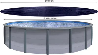 A solar cover and a pool are shown with dimensions indicated.