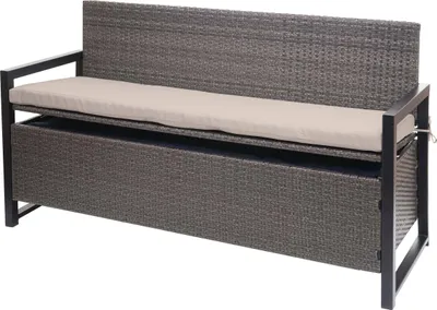 Produktbild von Poly-Rattan 3er Sitzbank MCW-F39, Gartenbank Truhenbank, Staufach Aufbewahrung Sitzkissen  grau-meliert, Kissen beige