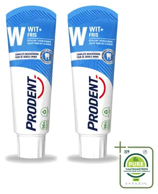 Imagen del producto de 2 tubos de pasta dental Prodent Wit + Fris - Protección completa - 75 ml - Paquete grande - 2 unidades