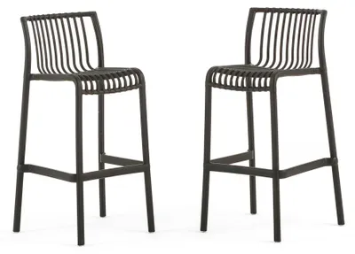 Immagine prodotto di Set di 2 sgabelli da bar da esterno, impilabili, in polipropilene, con design in bambù, per giardino, terrazza, bar e ristorante – Olimpia XL/Nero