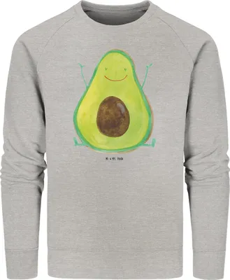 Produktbild von Mr. & Mrs. Panda Baumwoll Pullover Avocado Glücklich Größe XS - Heather Grey - Geschenk, Freude, Pulli, Bio-Pullover, Frucht, Chaos, Sweater, Sweatshirt