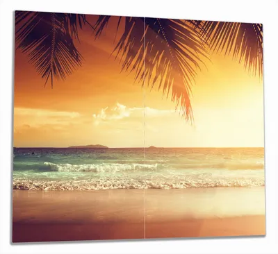 Produktbild von Wallario Herdabdeckplatte aus Glas, Größe 60 x 52 cm 2-teilig, Motiv Sonnenuntergang am Strand in der Karibik