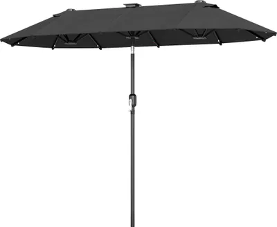 Produktbild von Doppelschirm, Terrassenschirm, neigbar, mit Solarpaneel, 35 LEDs, Stahlrahmen, grau, 2,92 x 1,50 x 2,18 m