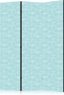Produktbild von 3-teiliger Doppelseitiger Vlies Paravent - Sketch - Outline of an Airplane in White on a Turquoise Background 135x172 cm Für Kinder i-B-10074-z-a