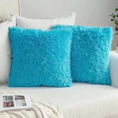 Produktbild von 2er Set Kissenbezüge Künstlich Pelz Sofakissen Dekorative Dekokissen Kuschelkissen Plüschkissen Kuschelig Couchkissen Superweich Kissen Flauschig Kissenbezug für SofaHellblau,43*43CM)