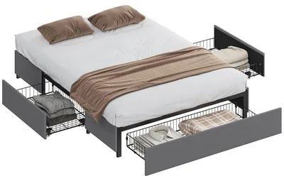 Imagen del producto de Cama Doble 140x190 cm Somier con 3 Cajones y Estructura de Metal Carga 363 kg Gris
