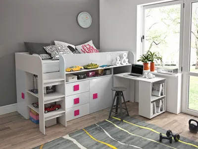 Produktbild von Hochbett "Toledo 1" Kinderbett 90x200cm Schreibtisch Hochglanz Farbe wählbar