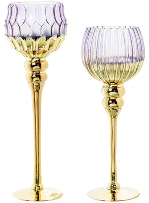 2 Teelichtgläser, lila & gold, Ø10x36 + Ø10x40 cm