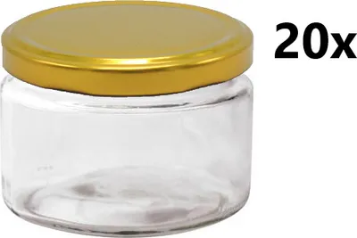 A single glass jar with a gold lid is shown against a white background, with the text '20x' to the right.