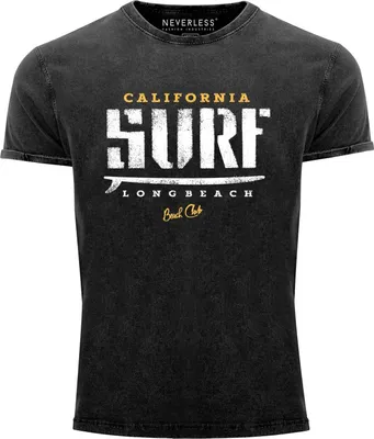 Produktbild von Cooles Angesagtes Herren T-Shirt Vintage Shirt California Surf Aufdruck Used Look Slim Fit Neverless® schwarz L