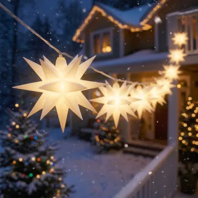 Imagen del producto de Guirnalda de luces navideñas LED, luz blanca cálida, con estrellas tridimensionales, 550 cm de longitud. Decoración para jardín con función de temporizador