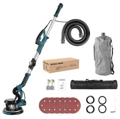 Immagine prodotto di Levigatrice a disco per muri elettrica – Set per cartongesso – Disco abrasivo da 23 cm – Testa pieghevole – Aspirazione integrata della polvere – Doppie luci a LED – Telescopio