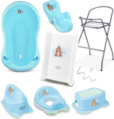 Produktbild von Babypflege Set 8-teilig – Babybadewanne 86 cm mit Ständer, Badesitz, Schlauch, Wickelauflage, Töpfchen, Hocker & Toilettentrainer