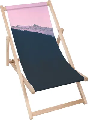 A foldable wooden deck chair with a printed fabric seat depicting a mountain landscape.
