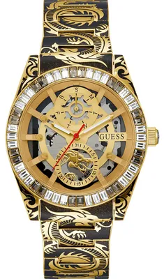 Produktbild von Guess Herren Armbanduhr DRAGON Drachenmuster-Armband Gold-Schwarz 42 mm GW0649G1