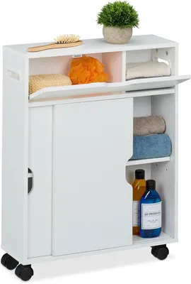 Obrázok produktu pre Malá skrinka do kúpeľne – s posuvnými dvierkami – 67 x 17 x 52 cm – vhodná do kúpeľne alebo kuchyne – materiál: MDF – s kolieskami – s úchytkami – biela