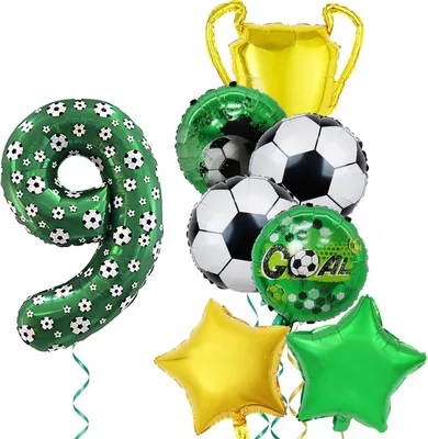 Productafbeelding van Voetbal verjaardagsdecoratie 8 stuks, 9 jaar, folieballonnen, kinderfeest