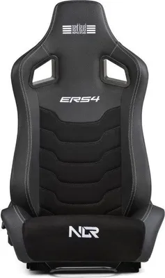 A black racing-style seat with white stitching and branding.