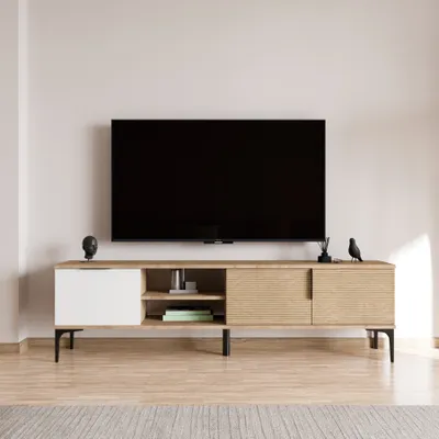 Image de Skye Decor, Tarz - Blanc, Chêne, Meuble TV, Blanc, PANNEAUX DE PARTICULES 100 % MÉLAMINÉS, 33 x 180 x 49 cm