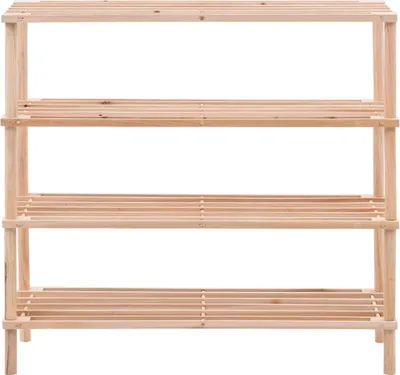 A four-tiered wooden shoe rack.