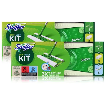 Produktbild von Swiffer Dry+Wet Kit Bodenwischer und Bodentücher Staubmagnet (2er Pack)