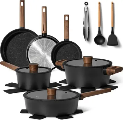 Immagine prodotto di Set di pentole e padelle Just Perfecto JL-111, 15 pezzi, ghisa, superficie in granito, induzione, accessori, nero