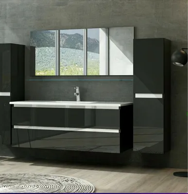 A modern black bathroom vanity set with a sink, mirror, and cabinets against a textured gray wall.