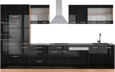 Produktbild von Küchenzeile Vicco R-Line Schwarz Hochglanz/Goldkraft Eiche 350 cm mit Hochschrank, AP Anthrazit, Model 49835