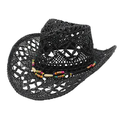 Produktbild von Cowboyhut Uni Strohhut mit Breite Krempe Sommerhut Strandmütze, Schwarz