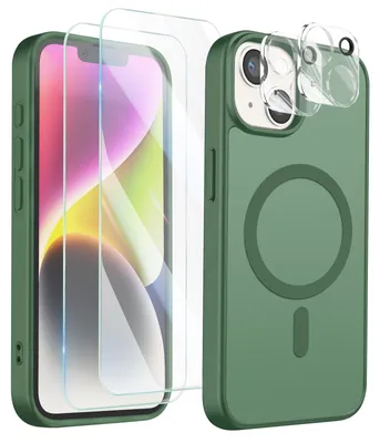 Obrázok produktu pre Avizar, ochranné puzdro MagSafe pre iPhone 14, s 2 ochrannými sklenenými fóliami a 2 ochrannými fóliami na fotoaparát, tmavozelená farba