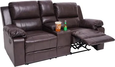 Produktbild von 2er Kinosessel HWC-H29, Relaxsessel Fernsehsessel Zweisitzer, Getränkehalter Soft Touch Kunstleder MVG  braun