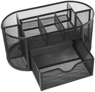 Produktbild von PolkaHome® Schreibtisch-Organizer aus Metall, 8 Fächer + Schublade, Stiftehalter, Mesh-Organizer, Schwarz, 22,3 x 11 x 10,7 cm