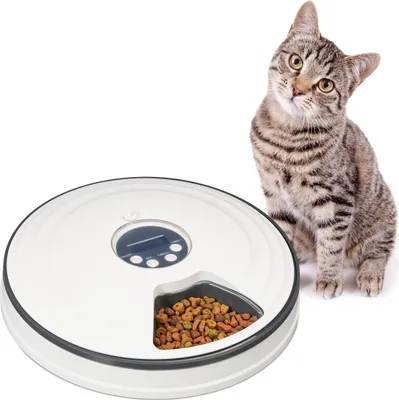 Immagine prodotto di Relaxdays Distributore automatico di cibo per gatti, fino a 6 porzioni, A x P: 5,5 x 30,5 cm, stazione di alimentazione per gatti con timer, bianco/grigio
