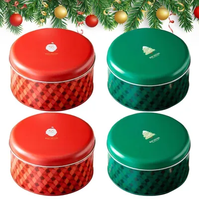 Image de 4 boîtes rondes pour biscuits de Noël, en métal, dimensions : 13,5 cm x 7,8 cm