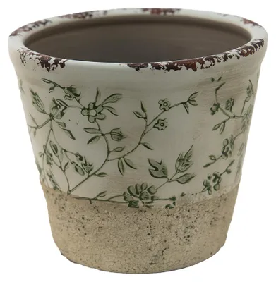 Productafbeelding van Clayre & Eef bloempot, diameter 16x16 cm, groen-wit, keramiek, met bladmotief