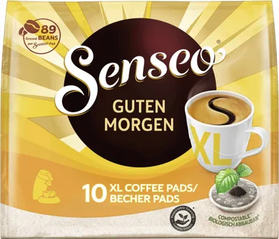 A package of Senseo coffee pads with a depiction of a cup of coffee and some coffee beans.
